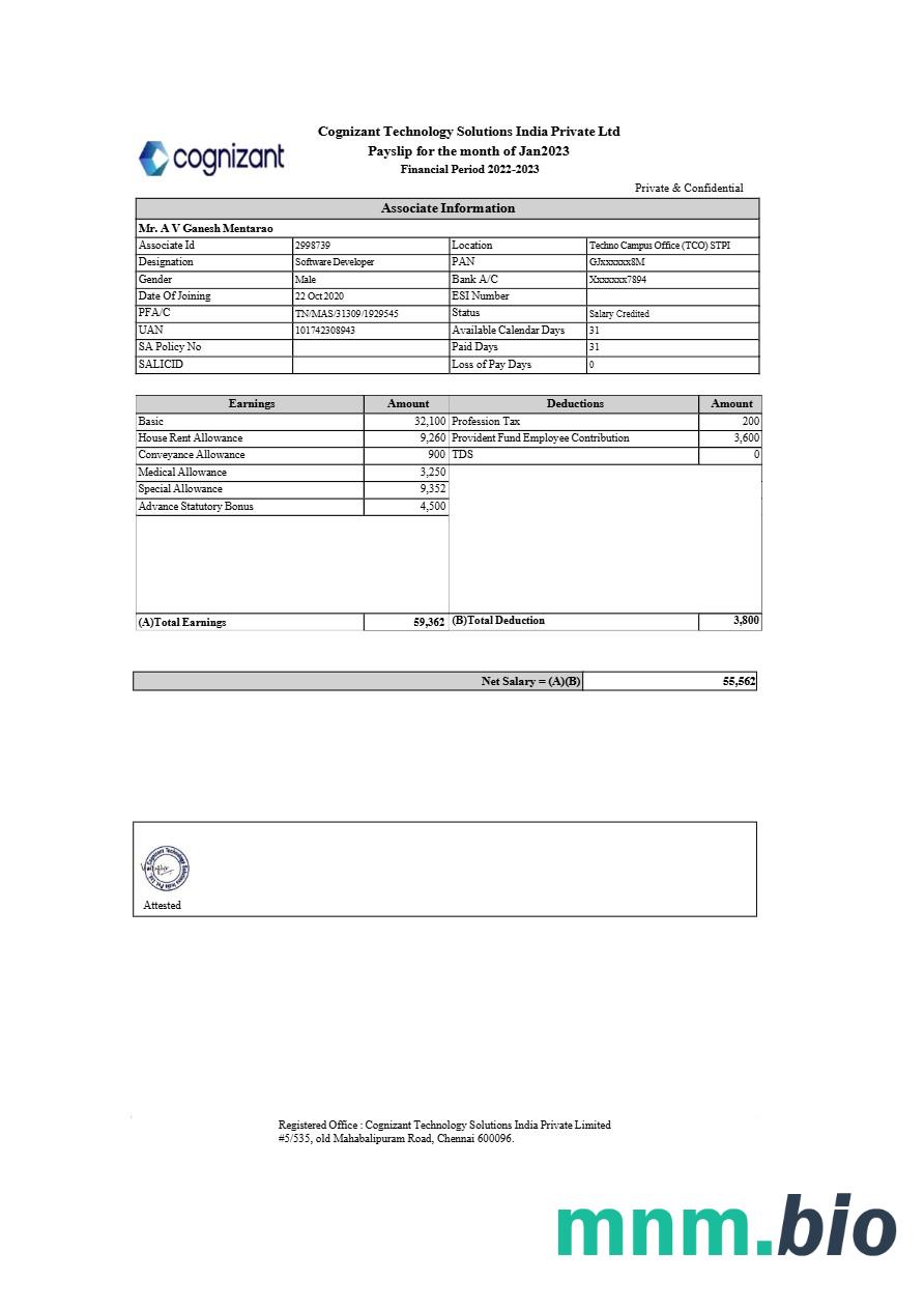 Cognizant Technology Solutions India payslip template w formatach Word i PDF